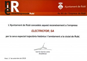 Electricfor va rebre el guardó a traject²ria hist²rica i arrelament a la ciutat, de part de l'ajuntament de Rubí, a la IV Nit de lEmpresa de Rubí